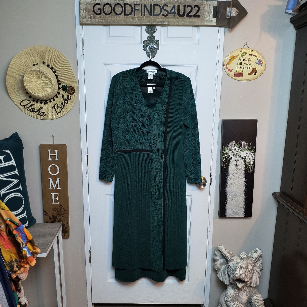 Vtg Coldwater Creek 2 Piece Green Detailed Textured Midi Dress 10 Modest Stretch